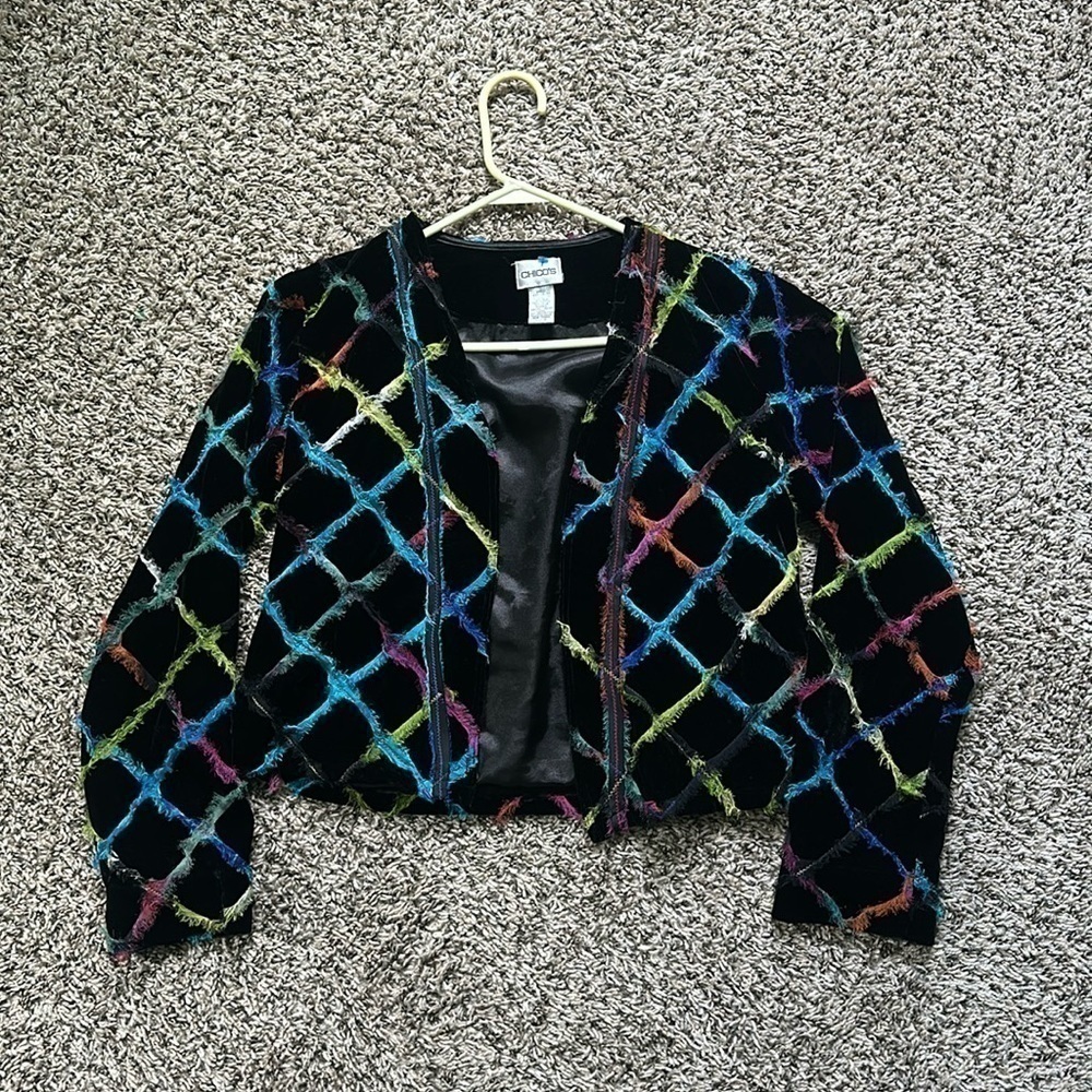 Chico’s colorful shabby SILK velvet Blazer Jacket Top Size 0 cropped length